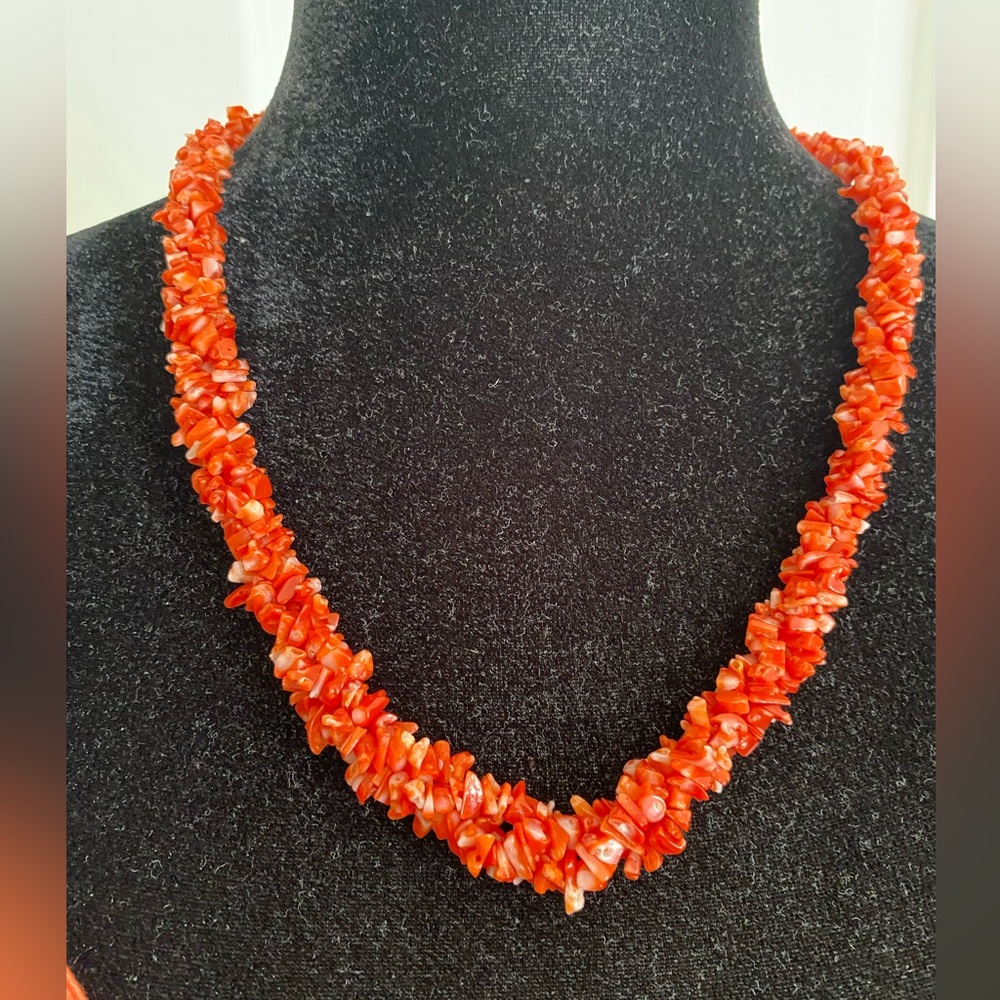 Vintage Red Coral Chip Necklace. Multi-strand twist.